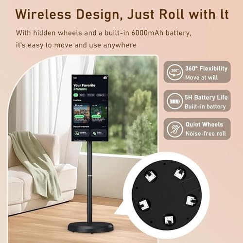 Portable 27" 4K Ultra HD Smart TV on Wheels, Remote Control, Android OS, 8GB/128GB Storage, Built-in Battery for 5-8 Hours Playback, Rotatable Display