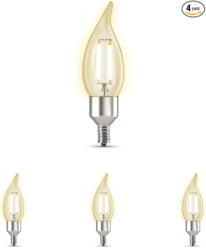 Feit Electric CFC40/927CA/FIL/AG 40 Watt Equivalent WiFi Dimmable, No Alexa or Google Assistant, Flame Tip Filament Chandelier LED Smart Light Bulb, 4.3" H x 1.4" D, 2700K Soft Whit (Pack of 4)