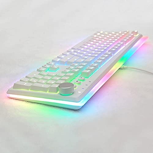 i-rocks K71M RGB Mechanical Gaming Keyboard with Media Control Knob, Blue Switches, 107 Keys w/Full NKRO, PBT Keycaps, Multimedia Hotkeys, Detachable USB-C Cable and Onboard Storage, White