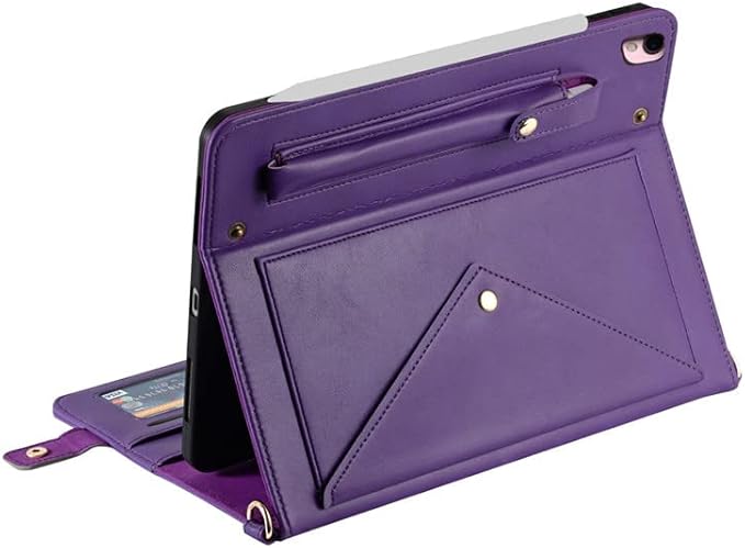 Handbag Case for iPad Pro/Air 10.5" & iPad 10.2" (2019-2021), Techcircle Folio Stand iPad Crossbody Wallet Case with Pencil Holder & Envelope Pocket, Hand Strap+Shoulder Strap Protective Cover, Purple
