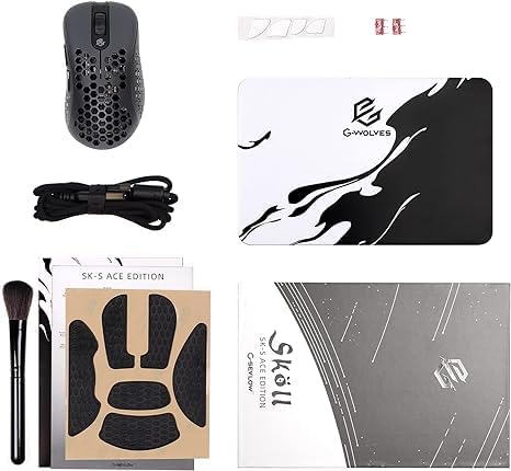 Gwolves Skoll Mini SK-S Black 50g Ultralight Weight Honeycomb Design Ergonomic Gaming Mouse with 3389 Sensor - PTFE Skates - 16,000DPI - Detachable Cable (Black) (Small)