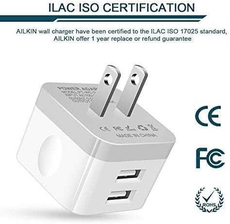 2Pack USB Wall Charger Plug, AILKIN 2.4A Dual Port USB Adapter Power Cube Fast Charging Station Box Base for iPhone 17 16 15 14 13 12 Pro Max SE 11 XR XS, Samsung, Phones Charge Block-White Brick