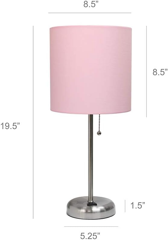 Simple Designs LT2024-LPK-2PK Two Pack Brushed Steel Stick Table Desk Lamp Set with Charging Outlet and Drum Fabric Shade for Living Room, Hallway, Nightstand, Office, Light Pink Shade