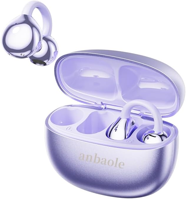 Open Ear Headphones, Wireless Earbuds for Sports Running Gym, 24H Battery, Sweat Proof, BT5.4, Noise Cancelling Mic, Wireless Charging Case for iOS Android (Style 1:Purple)