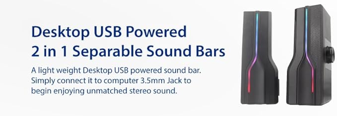 Desktop USB Powered 2-in-1 Soundbar Stereo Speaker, RGB LED Light