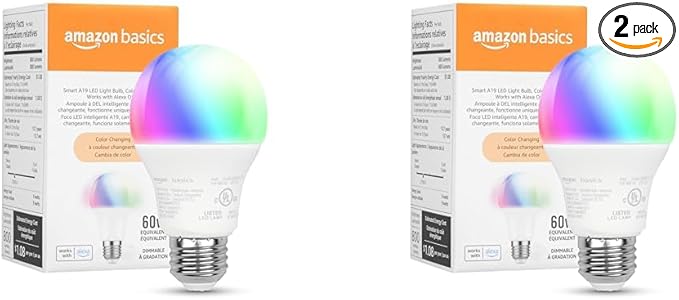 Amazon Basics Smart A19 LED Light Bulb, Color Changing, 9W (60W Equivalent), 800LM, Works with Alexa Only, WiFi 2.4 GHz, No Hub Required, Mood Lighting, Energy Efficient, 2-Pack