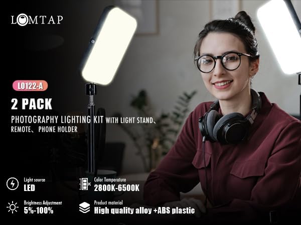 Light for Video Recording, Photography Lighting Kit Studio Lights with 6.5ft Stand, Phone Holder and Bag for TikTok, YouTube, Live Streaming, Podcast, Vlogging (LOMTAP)