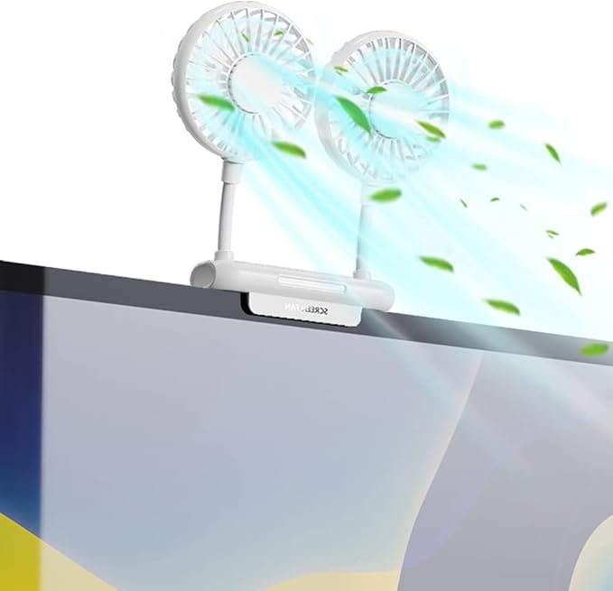 Monitor Fan with 2 Rotatable Heads, 3 Speeds, Sturdy Clamp, USB Powered Cooling Fan for Office Desk & Laptop.