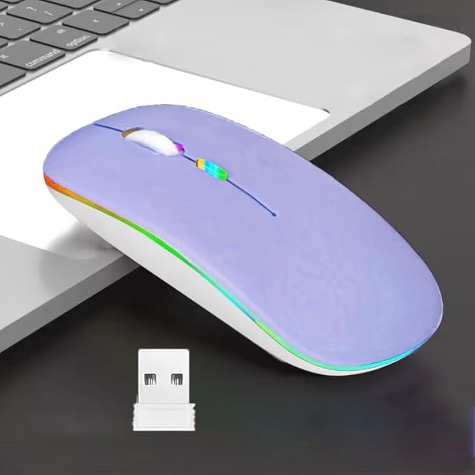 Guiheng Wireless Bluetooth Mouse,LED Dual Mode Rechargeable Silent Slim Laptop Mouse,Portable(BT5.2+USB Receiver) Dual Mode Computer Mice,for Laptop,Desktop Computer,ipad Tablet,Phone,Mac(Purple)