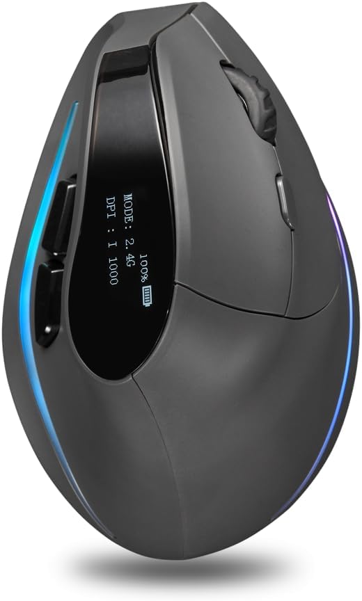 zelotes Bluetooth Wireless Vertical Mouse with Display,Rechargeable,Dual Mode (BT 5.0/3.0 + 2.4G USB Receiver),4000 DPI(5-Level Adjustable),Optical Portable Ergonomic Mouse for PC,Laptop,Tablets,Black
