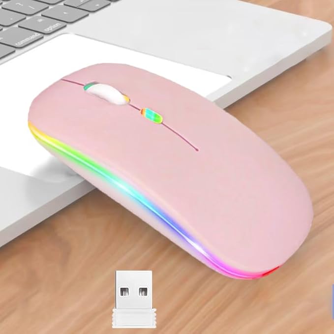 Guiheng Wireless Bluetooth Mouse,LED Dual Mode Rechargeable Silent Slim Laptop Mouse,Portable(BT5.2+USB Receiver) Dual Mode Computer Mice,for Laptop,Desktop Computer,ipad Tablet,Phone,TV (Pink)