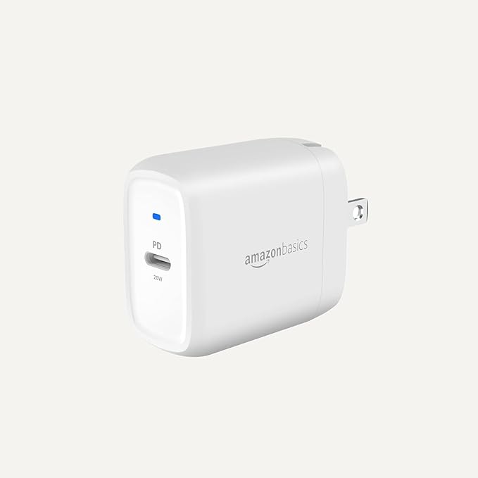 Amazon Basics 20W Foldable USB-C Wall Charger with Power Delivery for Tablets & Phones (iPhone 16/15/14/13/12/11/X, iPad, Samsung), Portable, non-PPS, White