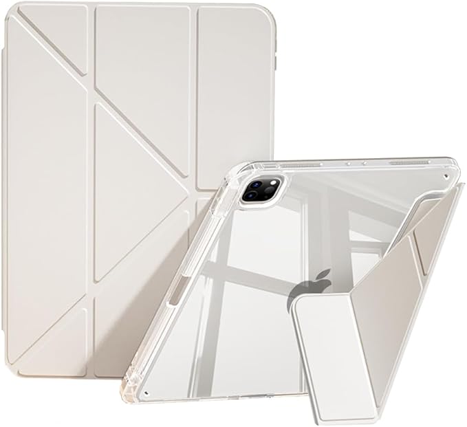 Case for iPad Pro 11 Inch 4th/3rd/2nd Generation (2022/2021/2020) with Pencil Holder, Multi-Angle Trifold Stand, Auto Wake-Sleep, Protective Clear Acrylic Backshell, Slim Smart Cute Cover (Cream)