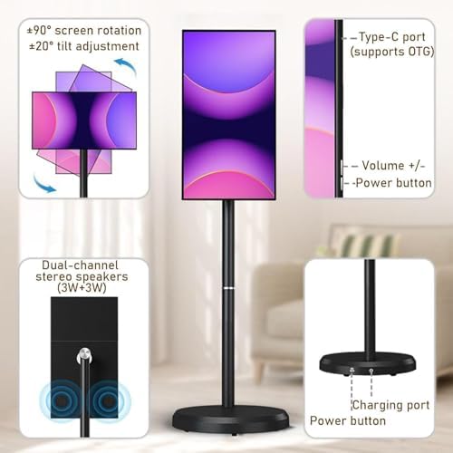 Portable 27" 4K Ultra HD Smart TV on Wheels, Remote Control, Android OS, 8GB/128GB Storage, Built-in Battery for 5-8 Hours Playback, Rotatable Display