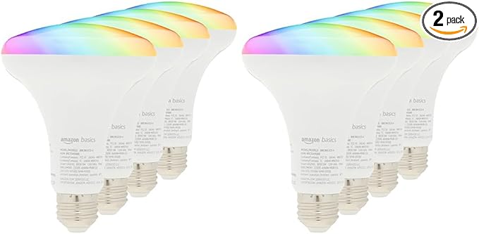 Amazon Basics Smart BR30 LED Light Bulbs, Color Changing, 9W (60W Equivalent), 800LM, Energy Efficient, Voice Control, Works with Alexa Only, 2.4 GHz Wi-Fi, No Hub Required, 8-Pack