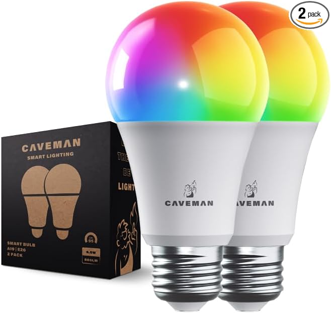 Caveman Matter & WiFi A19 Smart LED Light Bulb, RGBW Color Changing, Tunable Warm & Cool White 800LM (60W Equivalent) – Alexa, Google Home, Apple Home Bulb (2pk)