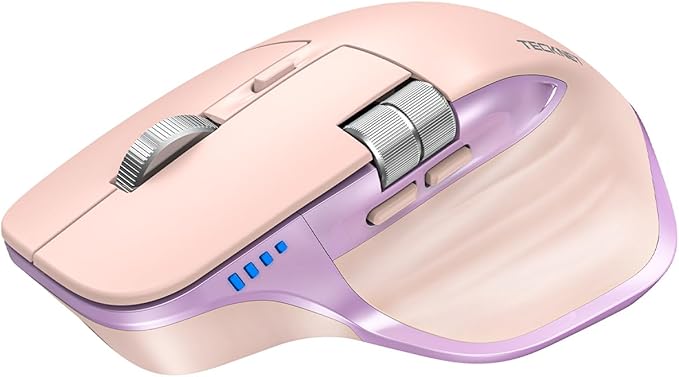 TECKNET Wireless Mouse, Bluetooth Mouse (BT5.3/5.0 & 2.4G) Rechargeable Ergonomic Optical Mouse with 6 Adjustable DPI, Side Scroll, USB A Receiver, 7 Buttons, Wide Compatibility - Pink & Purple