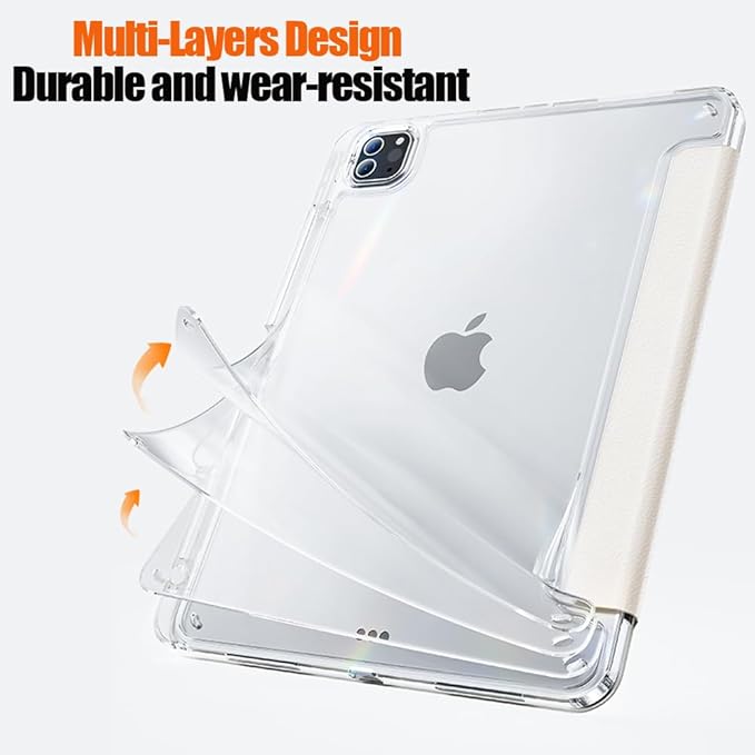 Case for iPad Pro 11 Inch 4th/3rd/2nd Generation (2022/2021/2020) with Pencil Holder, Multi-Angle Trifold Stand, Auto Wake-Sleep, Protective Clear Acrylic Backshell, Slim Smart Cute Cover (Cream)