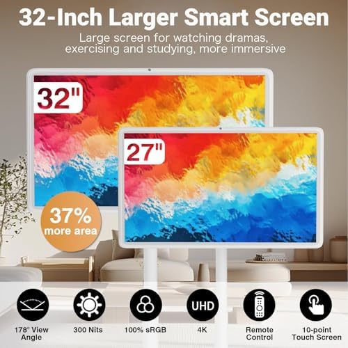 Portable Smart TV on Wheels - 32" 1080p 4K UHD Touchscreen, 8GB RAM & 128GB Storage, 5-8 Hour Battery, Remote Control, 8MP/13MP Camera, Full Rotation Display