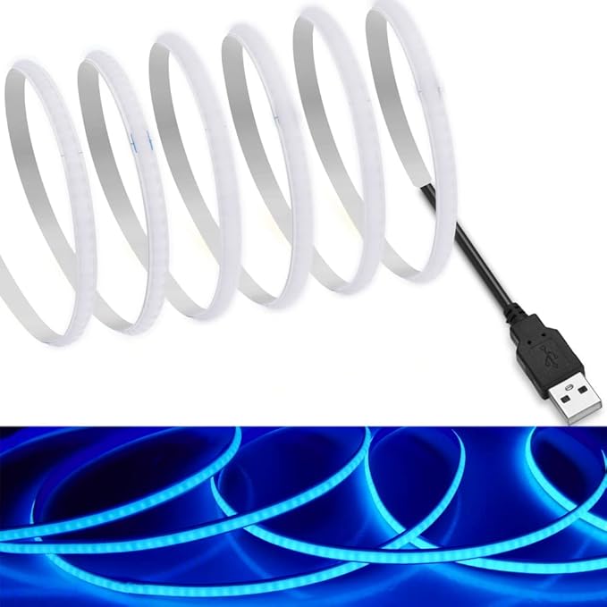 MDee】USB COB Tape Light LED Strip 3.28ft/1m- Flexible 5mm Hidden DC 5V LED Tape with 320 LEDs/m for Blue Lighting. Cuttable, Shapeable, USB Powered. Ideal for Kitchen, Office Decor