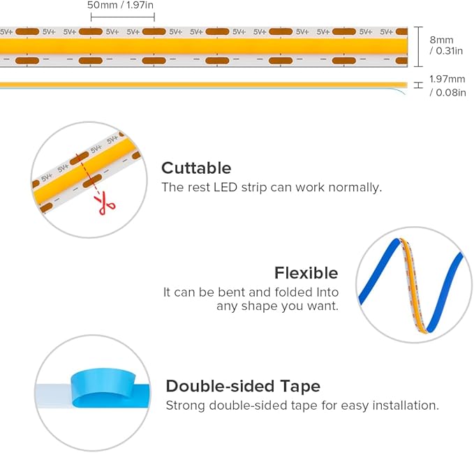 6.56FT/2M 5V USB LED Light Strip Orange Flexible High Density COB Strips 640LEDs, 8mm LED Tape for Under Cabinet Bedroom No Controller and Power