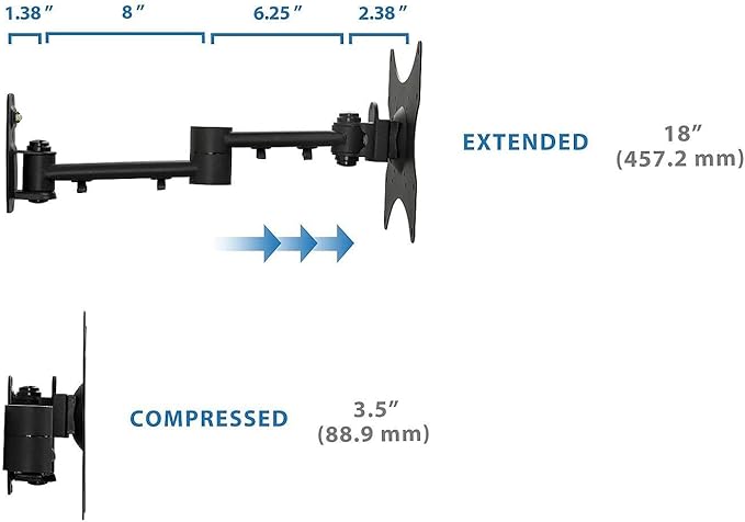 Mount-It! Full Motion TV Wall Mount Bracket for 13-42” Screens – 18" Articulating Arm, Quick Release Plate, Tilt Swivel Rotate, Anti-Theft Lock, Single Stud Install, Supports 44 lbs, VESA 75–200
