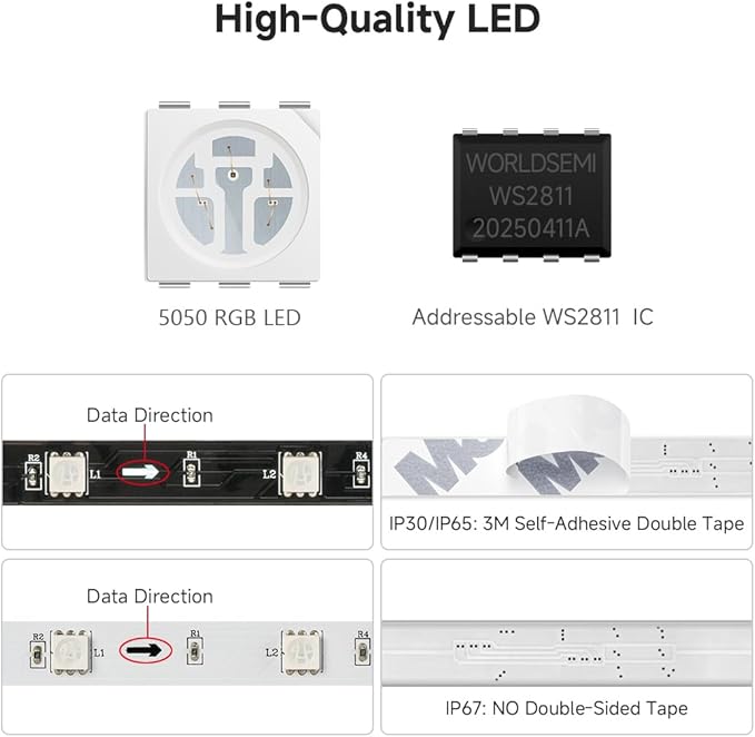 BTF-LIGHTING UL Listed WS2811 IC=RGB+IC Addressable Color RGB LED Strip,16.4FT 60LED/m 10Pixels/m,IP67 Black PCB Flexible DC12V Chasing Effect for Indoor Home Decor(No Adapter or Controller)
