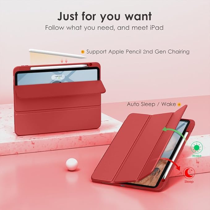 VIKESI for iPad Pro 11 Inch 4th/3rd/2nd/1st Generation Case, iPad Air 11-inch / 5th / 4th Generation Case with Clear Back,Pencil Holder,Auto Sleep/Wake,Camera Protection,Red