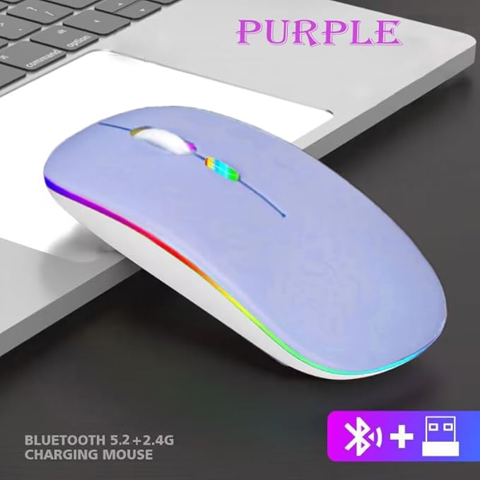 Guiheng Wireless Bluetooth Mouse,LED Dual Mode Rechargeable Silent Slim Laptop Mouse,Portable(BT5.2+USB Receiver) Dual Mode Computer Mice,for Laptop,Desktop Computer,ipad Tablet,Phone,Mac(Purple)