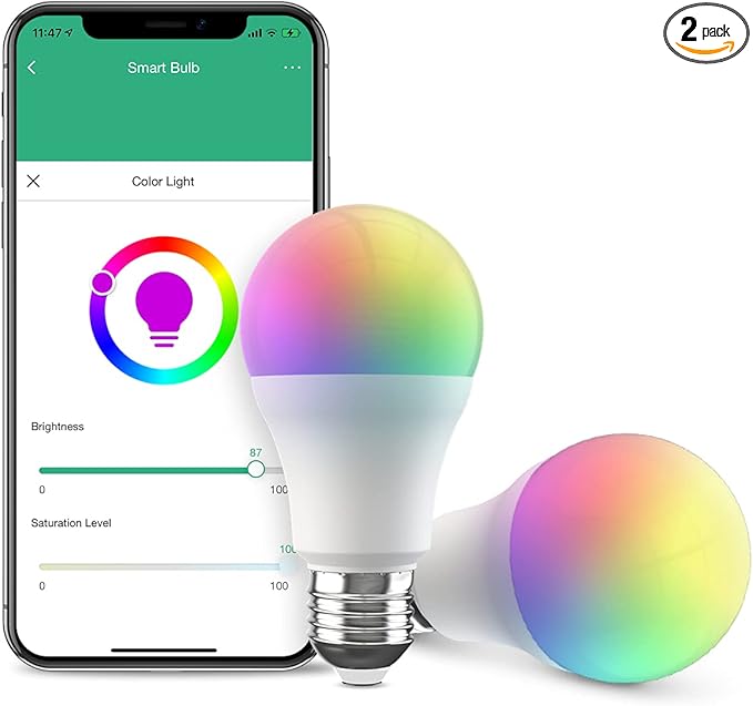 Broadlink Smart Bulb, 10W RGB Dimmable Wi-Fi LED Smart Light Bulbs A19 800lm Color Changing, Works with Alexa, Google Home, Siri and IFTTT, No Hub Required (2-Pack)