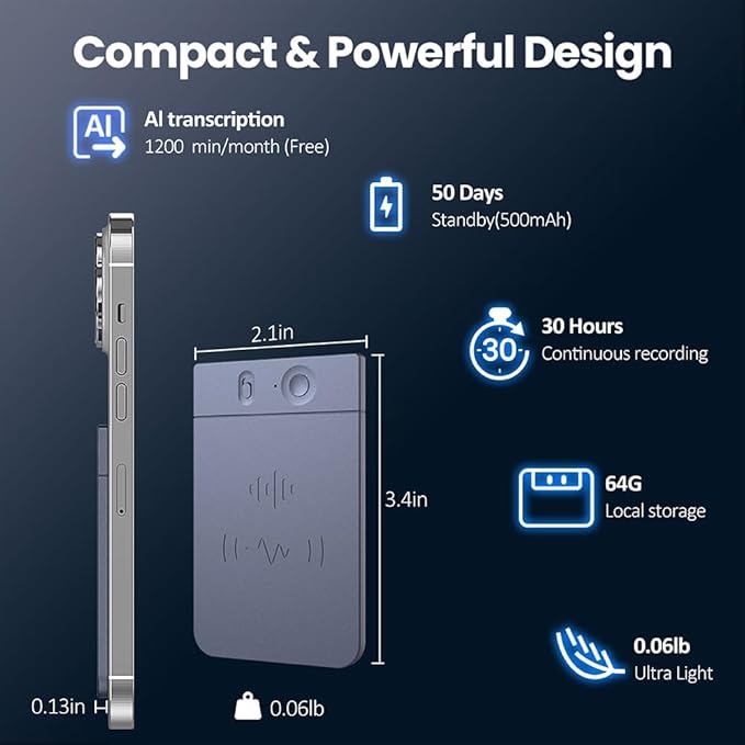 AI Voice Recorder Note Taking Device App Control Transcription Summarization 112 Languages Grabadora de Voz for Lectures Meetings Calls 64GB Memory Magnetic Case (Blue)
