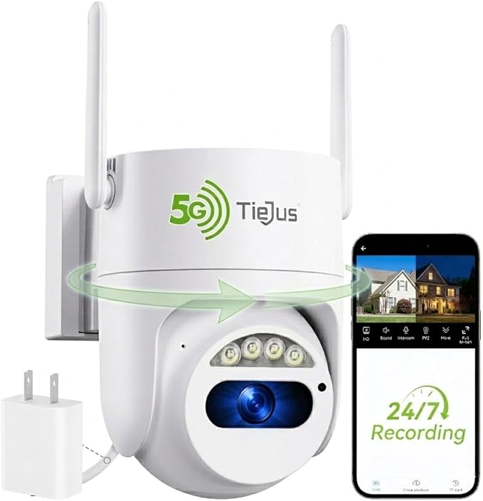 5G/2.4G Security Camera Outdoor, 3MP Wired Cameras 24/7 Recording, Plug-in Power, 360° View, Motion Auto Tracking, Alexa, 2-Way Audio, IP66, Color Night Vision, SD Card/Cloud Storage