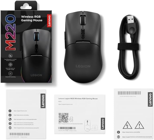 Lenovo Legion M220 Wireless RGB Gaming Mouse, Dual Channel Bluetooth, 2.4Ghz Wireless, USB-C Charging, 5-Level DPI Switch, Symmetrical Medium-Large Size, Black