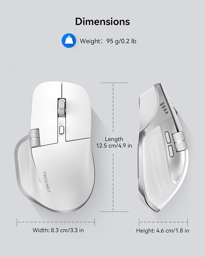 TECKNET Wireless Mouse, Bluetooth Mouse (BT5.3/5.0 & 2.4G) Rechargeable Ergonomic Optical Mouse with 6 Adjustable DPI, Side Scroll, Quiet Clicks, USB A Receiver, 7 Buttons, Wide Compatibility - White