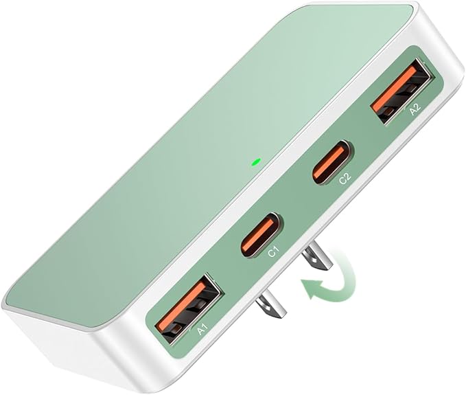 Flat USB Wall Charger 4 Ports Slim 35W USB-C/A Flodable Plug Fast Charging Block for iPhone 8/9/10/11/12/13/14/15 Multiport Power Charging Adapter for ipad and Galaxy Series S8-10 Green