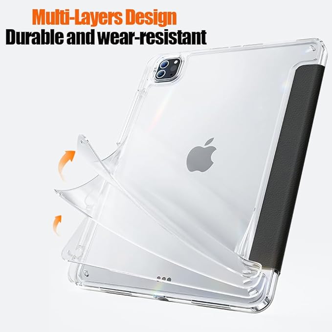 Case for iPad Pro 11 Inch 4th/3rd/2nd Generation (2022/2021/2020) with Pencil Holder, Multi-Angle Trifold Stand, Auto Wake-Sleep, Protective Clear Acrylic Backshell, Slim Smart Cute Cover (Black)
