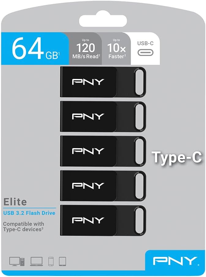 PNY Elite Type-C 64GB USB 3.2 Flash Drive – Up to 120MB/s Read, Up to 10x Faster Write Than USB 2.0, Reliable Design, Durable & Portable for Everyday Store & Share, Type-C Connector, 5-Pack