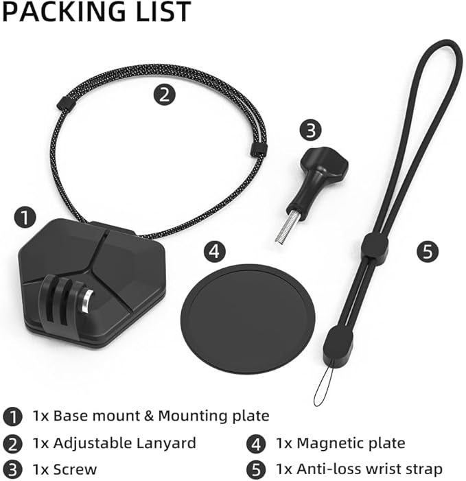 Magnetic Chest Mount for Action Camera with Neck Strap,360° POV Invisible Selfie Necklace Lanyard Mount Compatible with GoPro Hero 13 12 11 10 9, Insta360, DJI Action 6/5 Pro/4/3
