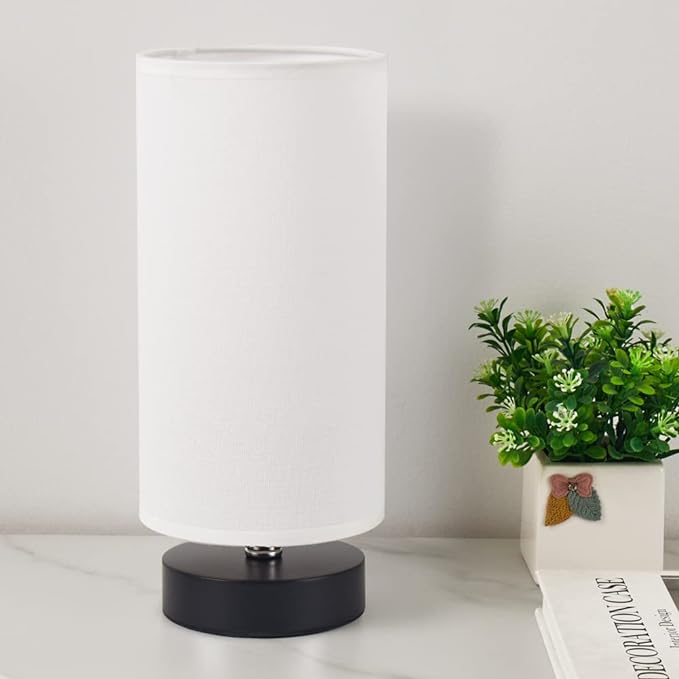 Table Lamp, Bedside Nightstand Lamp, Simple Desk Lamp, Cylinder Table Lamp for Bedroom Living Room Office Study, White Shade and Black Base (White)