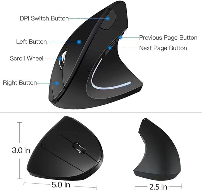 Ergonomic Mouse, 2.4G Optical Wireless Vertical Mouse with 6 Buttons - 3 Adjustable DPI 800/1200/1600 for Laptop, PC, Computer, Desktop, Notebook etc, Specially for Right-handers