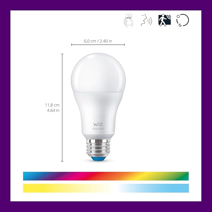 WiZ Connected Smart Light Bulbs, Sunset to Sunrise Automation + Motion Detection + Control with Voice or App, Full Color A19 60W 800LM Indoor, Matter Compatible -3 Pack