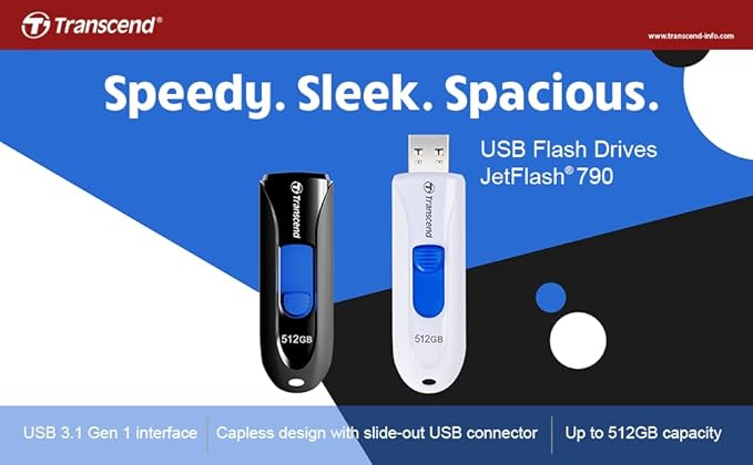Transcend JF790 32GB USB Flash Drive, for PC/Mac/Laptop/Windows/Computer/ Desktop/TV/Car Audio, USB3.2 Gen1 Memory Stick, Thumb Drives Data Storage w/ Retractable Connector, USB2.0/3.0/3.1 Compatible