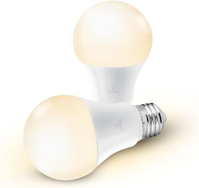 Globe Electric Collection Wi-Fi Smart 10 Watt (60W Equivalent) Dimmable Frosted LED Light Bulb 2-Pack, No Hub Required, Voice Activated, 3000K, A19 Shape, E26 Base 34209, Warm White, 2 Count