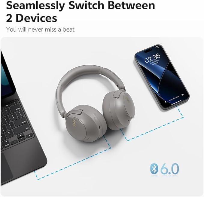 QCY H3S Wireless Over-Ear Headphones, Hybrid Active Noise Cancelling Headphones, Hi-Res Wireless, 102H Playtime, Fast Charging, Comfort Fit, Dual Connection, Bluetooth 6.0(Grey)