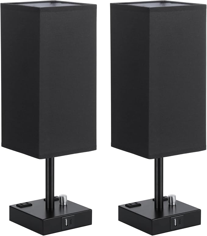 aooshine Black Fully Dimmable Nightstand Lamps Set of 2 - Table Bedside Lamp with USB C+A Charging Ports & 2 AC Outlets, Square Lamp Sets Linen Fabric Shade for Bedroom Living Room(Bulb Included)