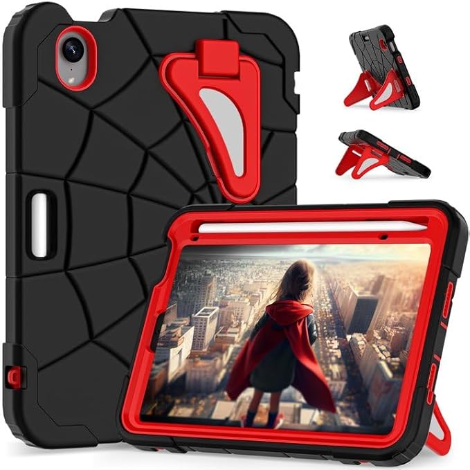 AKABEILA Compatible with Apple iPad mini 6 2021/iPad mini 7 2024 Tablet Case，Lightweight Shockproof Rugged Protective Cover with Kickstand for Kids Children Boys Babies Black Red