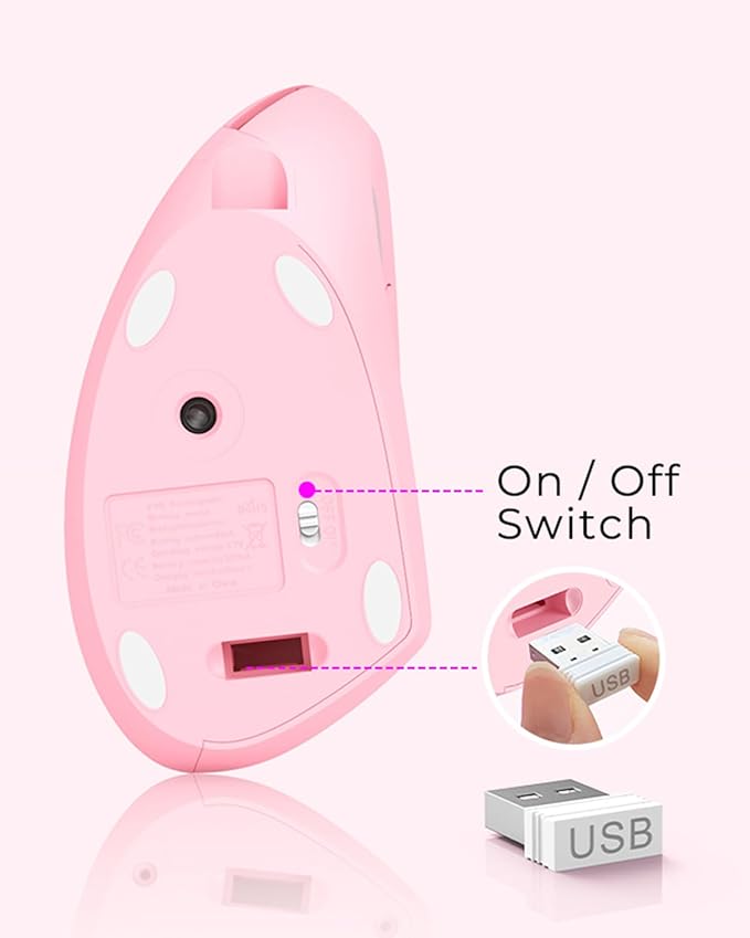 Lekvey Ergonomic Mouse, Vertical Wireless Mouse, Rechargeable 2.4 GHz USB Optical Carpal Tunnel Mice : 800/1200 / 1600 DPI, 6 Buttons, for Laptop, PC, Mac, Computer, Desktop, Notebook etc, Pink