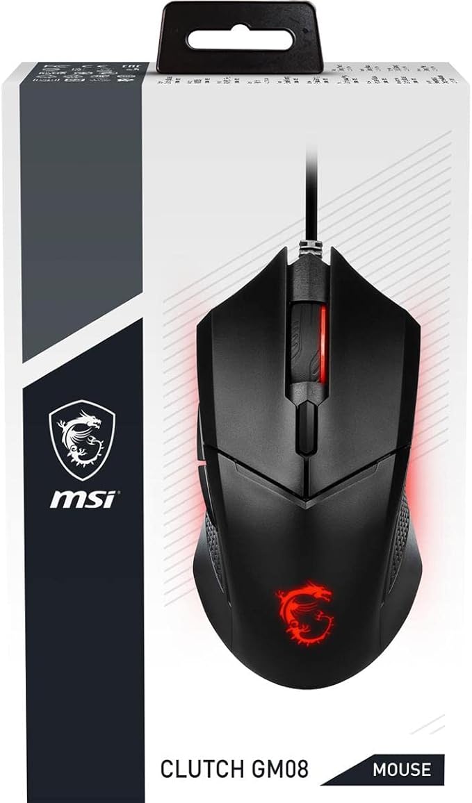MSI Clutch GM08 Gaming Mouse, 4200 DPI, Optical Sensor, 3 Adjustable Weights, Red LED Lighting, Symmetrical Design, Black (Pack of 4)