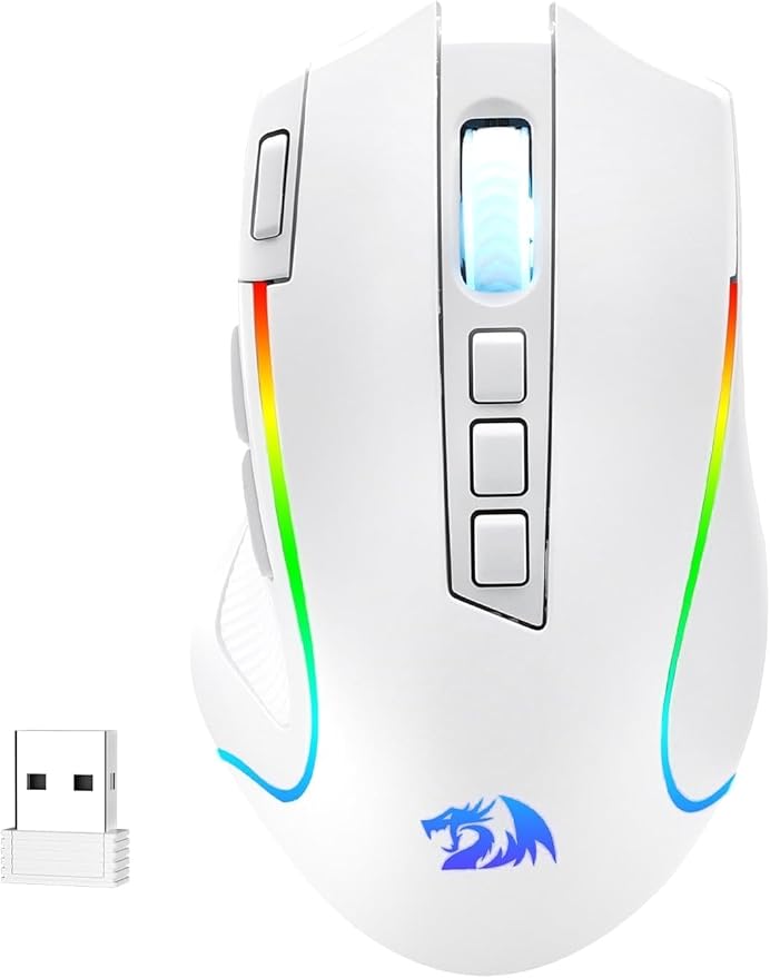 Redragon M612 PRO RGB Gaming Mouse, 8000 DPI Wired/Wireless Optical Mouse with 9 Programmable Buttons & 6 Backlit Modes, BT & 2.4G Wireless, Software Supports, White