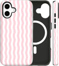 Magnetic for iPhone 16 Case Cute Wavy Stripes Phone Case, Shockproof Slim TPU and Hard PC Protective Phone Cover Compatible with MagSafe Designed for Women Girls, Pink